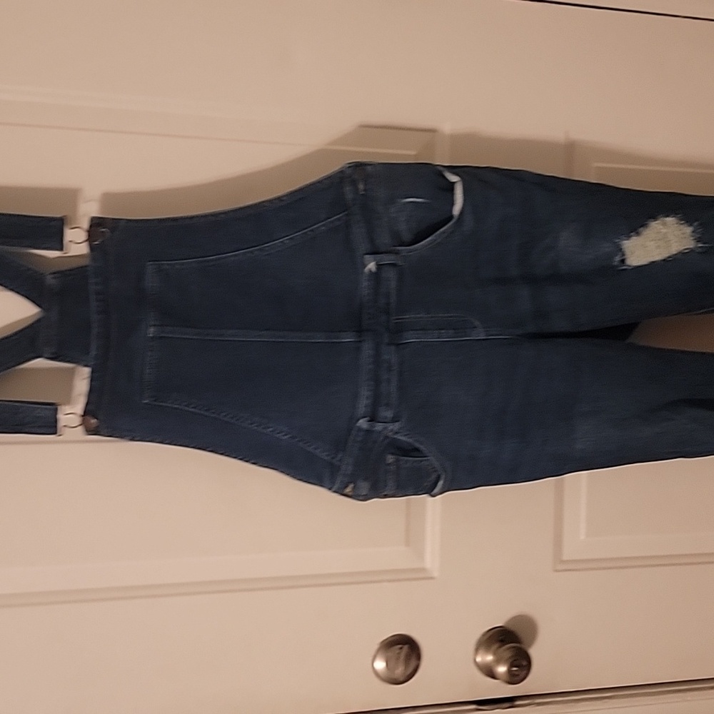 NY & Co denim overalls size large stretch with distressing dk wash